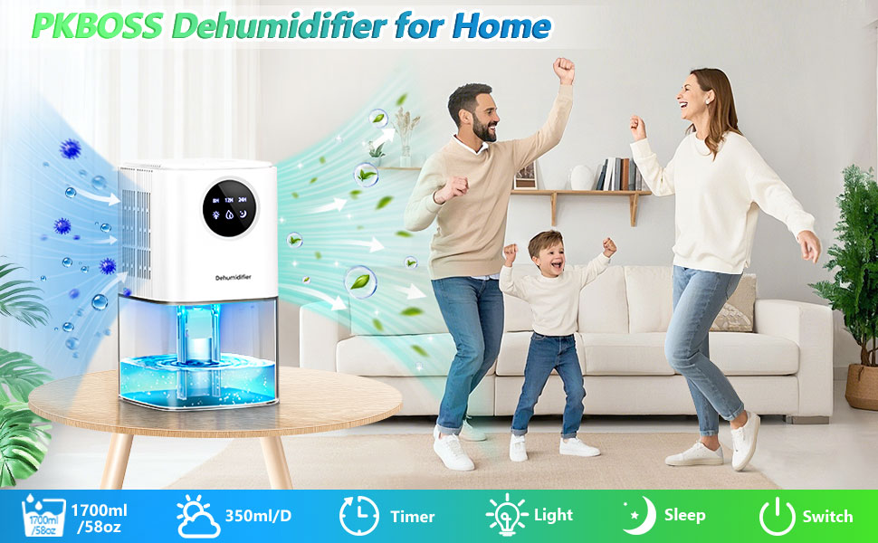 Електричний осушувач повітря для дому PKBOSS 1700ml - тихий, компактний, з нічним світлом та таймером для спальні, ванної кімнати, кухні. Захист від цвілі, білий