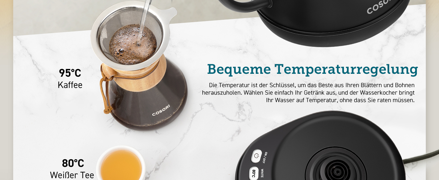 Електричний чайник COSORI з лебединою шийкою, нержавіюча сталь, 0.8 л, регулювання температури 80-100°C, функція підтримки тепла 60 хв, антрацитовий колір