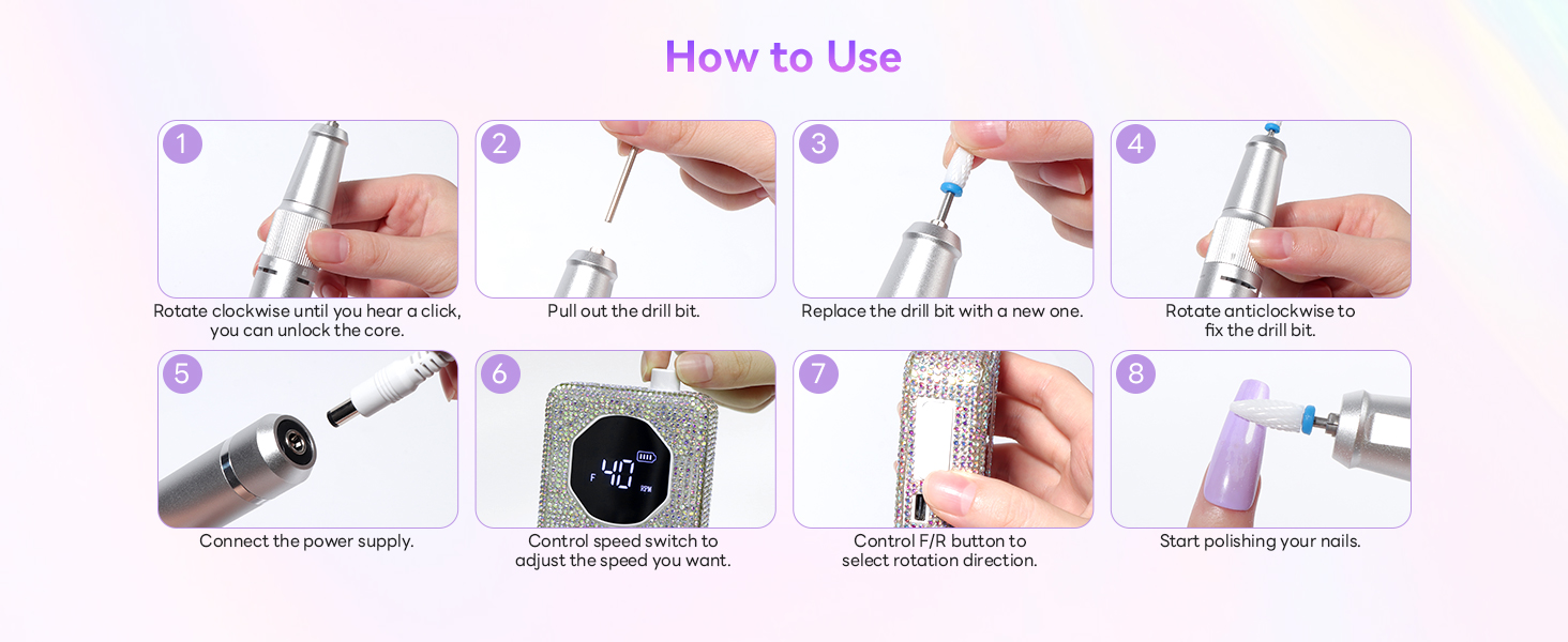 SAVILAND Професійний фрезер для нігтів 40000 об/хв: електрична машинка для манікюру з алмазним покриттям, акумулятор 4000 mAh, для товстих акрилових нігтів