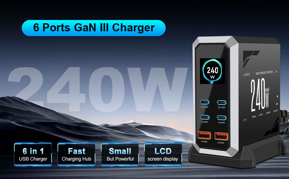Зарядний пристрій USB-C 240W GaN 6 портів: PD 140W, 65W, 60W, Power Delivery для MacBook, iPhone, iPad, Samsung
