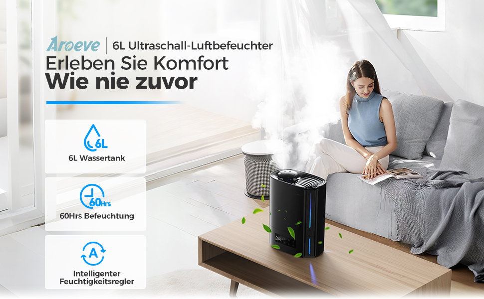 Зволожувач повітря AROEVE 6L з аромадифузором, ультразвуковий, для дитячої кімнати, 60 годин роботи, тихий, з контролем вологості, чорний