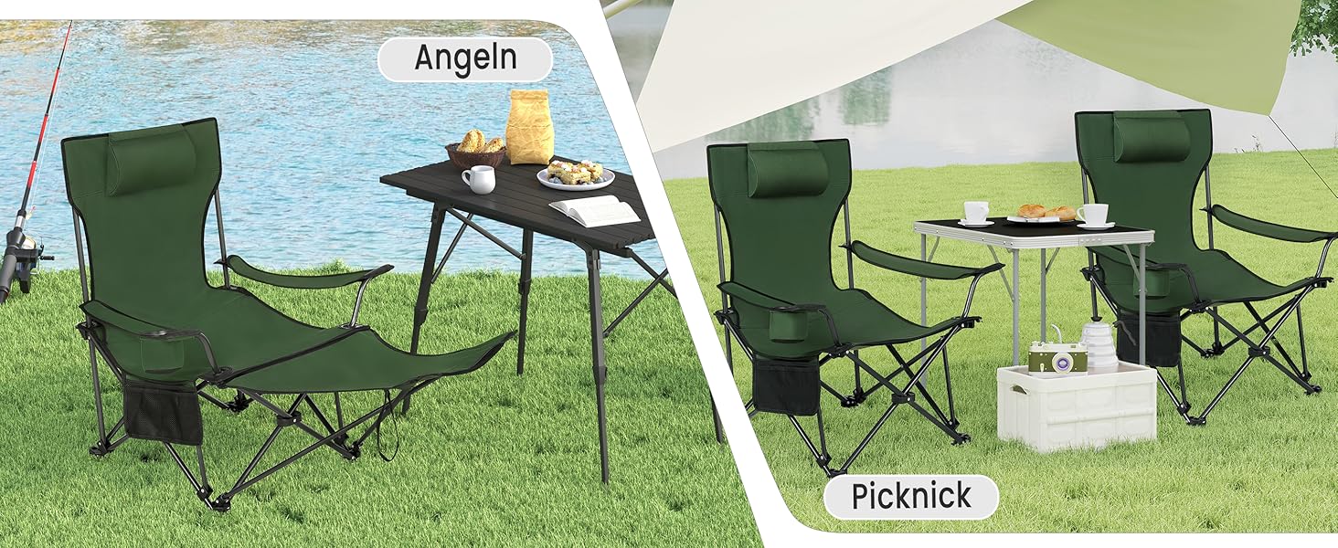 Набір кемпінгових стільців WOLTU 2 шт. з підставкою для ніг, пляжний стілець-трансформер, стілець для риболовлі з підсклянником та сумкою для зберігання (Зелений)