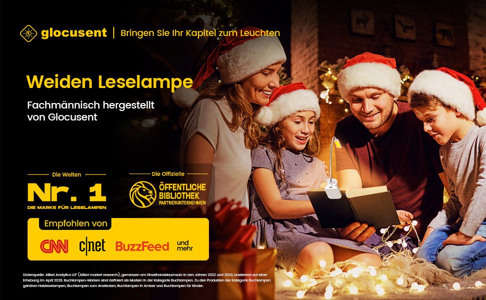 LED лампа для читання Glocusent з кліпсою, перезарядна, 10 світлодіодів, 3 кольори та 3 рівні яскравості, до 80 годин роботи, гнучка на 360°, для читання, білий колір