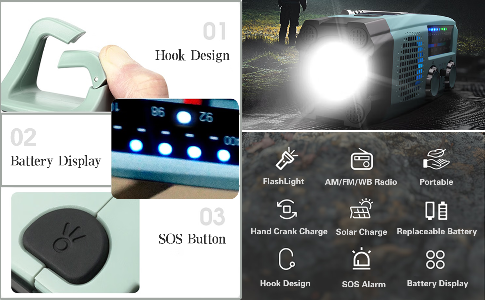 Радіо на сонячній батареї та з ручкою, 2000mAh, Power Bank, SOS-сигнал, ліхтарик, AM/FM, для кемпінгу та надзвичайних ситуацій