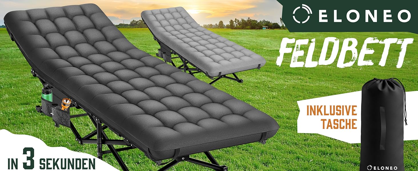 Ліжко кемпінгове розкладне ELONEO NEU Преміум з навантаженням до 200 кг | Гостьове ліжко, лежак для відпочинку в приміщенні та на вулиці | З сумкою для транспортування (Антрацит)