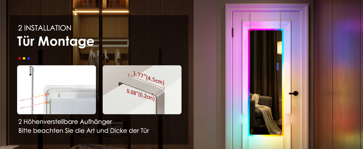 Дзеркало для тіла LVSOMT з підсвічуванням RGB, 120x40 см, настінне, для спальні, LED, сучасне, прямокутне, дзеркало над дверима