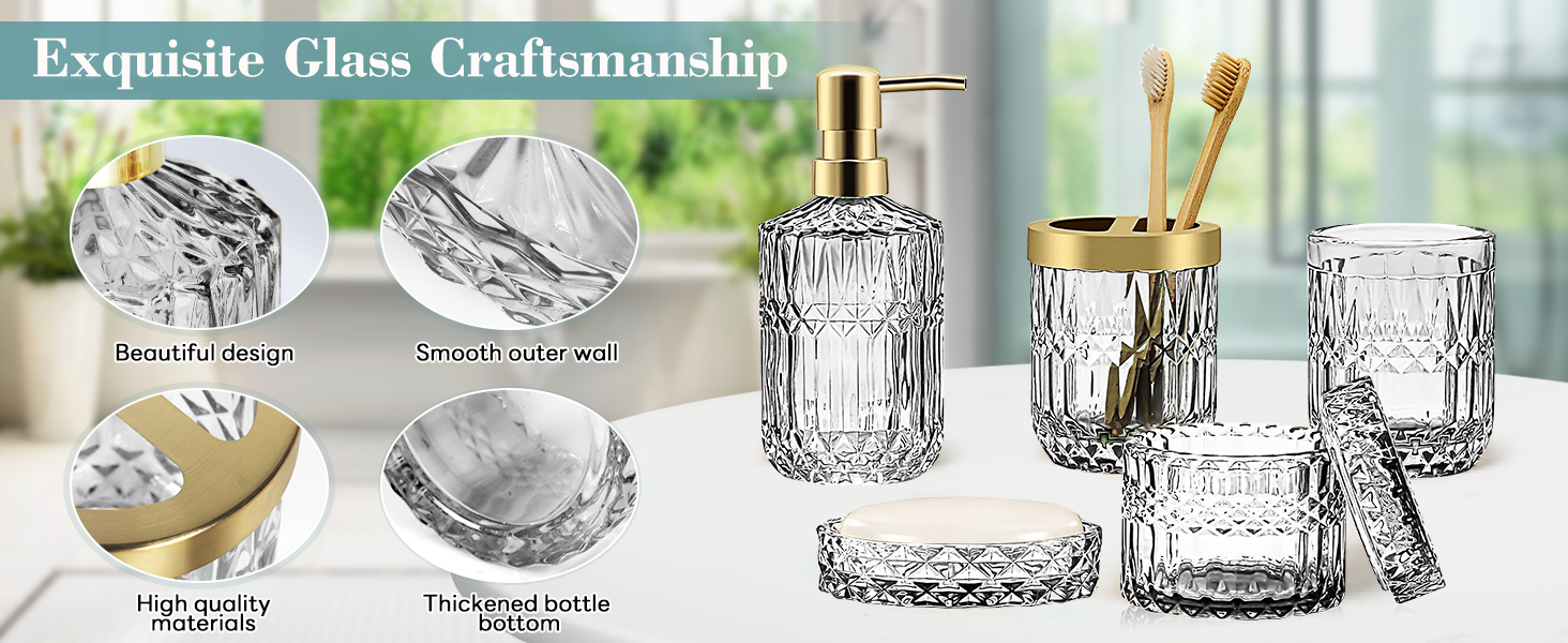 Набір аксесуарів для ванної кімнати 5 предметів: дозатор для мила та лосьйону, склянка для зубних щіток, стаканчик, мильниця та органайзер зі скла, прозорий, сучасний дизайн для ванної, кухні, косметичного столика, декор