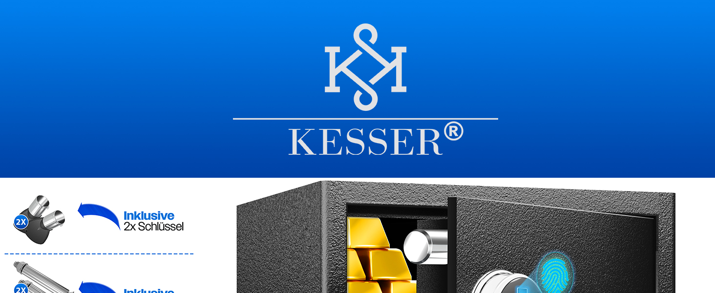 Електронний сейф KESSER® з відбитком пальця та ключем L | Вбудований акумулятор | 3x подвійний замок | Настінний/підлоговий сейф | Чорний