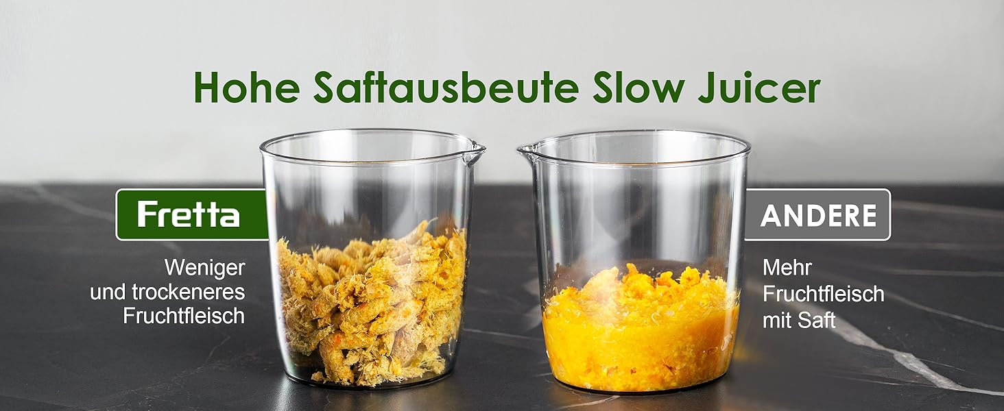 Електричний соковитискач Fretta Slow Juicer з нержавіючої сталі, 200W, Cold Press, велика завантажувальна горловина 76 мм, висока сафровидача, легке очищення, без BPA