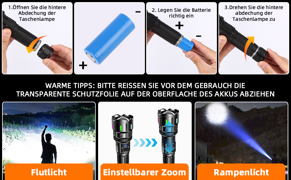 LED ліхтарик на акумуляторі, надзвичайно яскравий 1200000 люмен, з функцією зуму, тактичний, з 5 режимами світла, водонепроникний IP67, для кемпінгу, риболовлі, походів, активного відпочинку, чорний