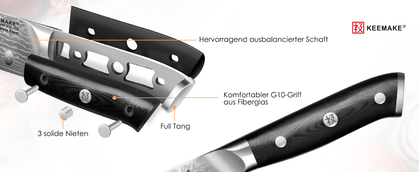 Ніж Santoku Keemake Damastmesser 17.8 см, професійний кухонний ніж з дамаської сталі (67 шарів) для м'яса та риби, ніж для шеф-кухаря 18 см