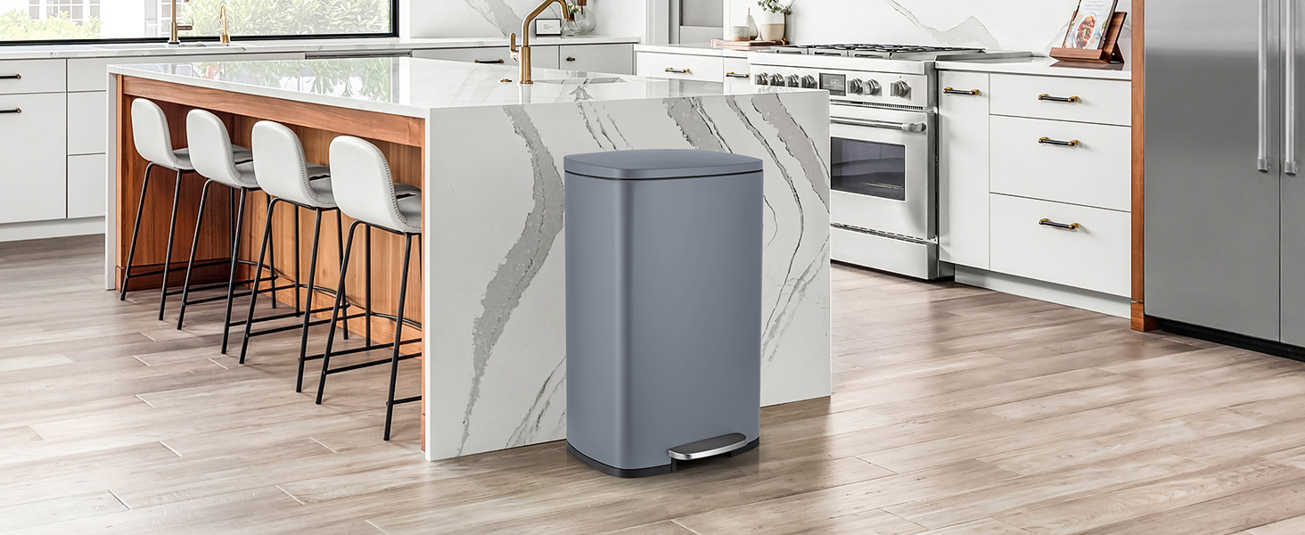 Відро для сміття LIFERUN 30л з кришкою, з м'яким закриттям, сталеве, з внутрішнім відром, для кухні, ванної кімнати, офісу (L-50L, сірий)