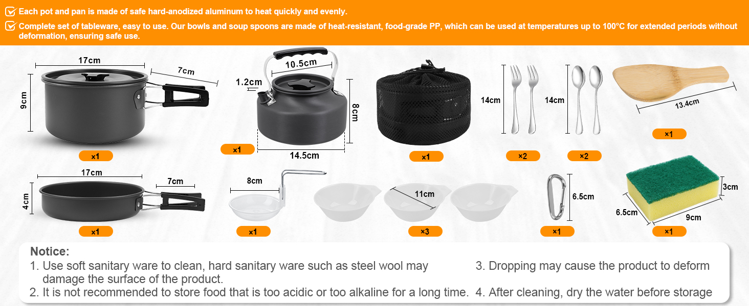 Набір кухонного посуду для кемпінгу: 15 предметів, чорний. Ідеально для пікніків, походів та кемпінгу. Включає казанок, сковорідку, чайник та інше.