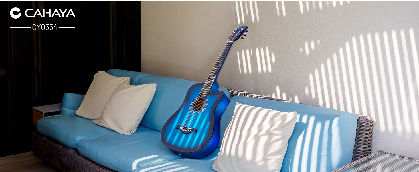 Акустична гітара CAHAYA 38 дюймів: Комплект для початківців, дітей та дорослих, з чохлом, запасними струнами, каподастром, медіаторами, наклейками на лади, синій CY0354