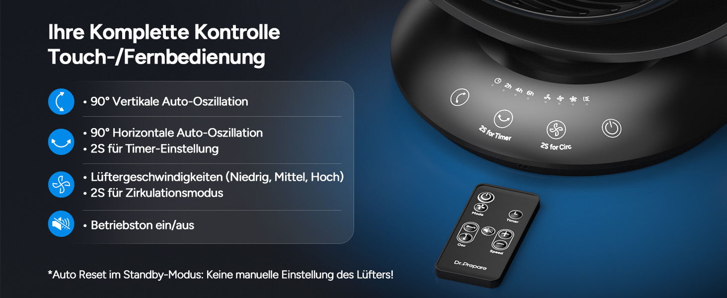 Вентилятор DR.PREPARE настільний, 25 dB, тихий, ефективне охолодження, 3 швидкості, таймер 2-12 годин, осциляція 90°, 10 дюймів