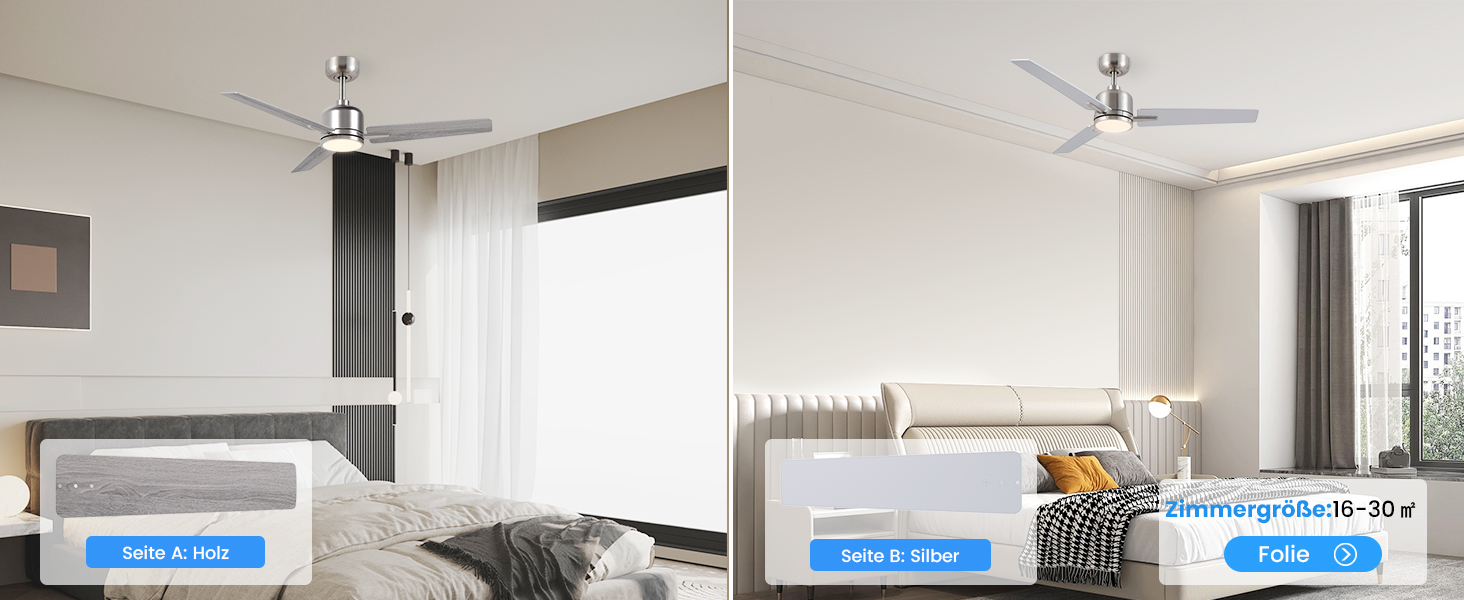 Стеляний вентилятор Newday білий, 122 см з підсвіткою та пультом керування. Безшумний вентилятор для стелі з лампою, регульована яскравість, DC мотор, реверсивний для спальні та вітальні (107-silber-holz)