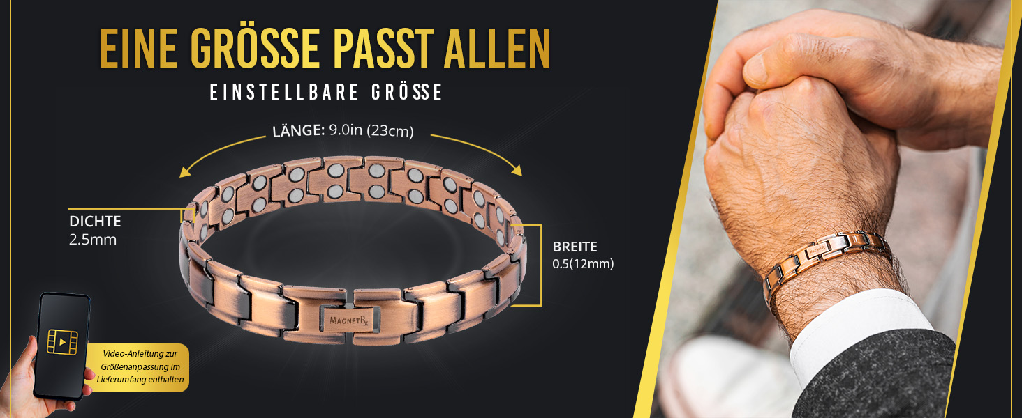 Браслет на руку чоловічий MagnetRX® з чистої міді – Магнітний браслет для чоловіків для магнітної терапії – Ідеально підходить при артриті та синдромі зап'ястного каналу – Включає інструмент для регулювання довжини (Leo Style) Leo Style Men Copper