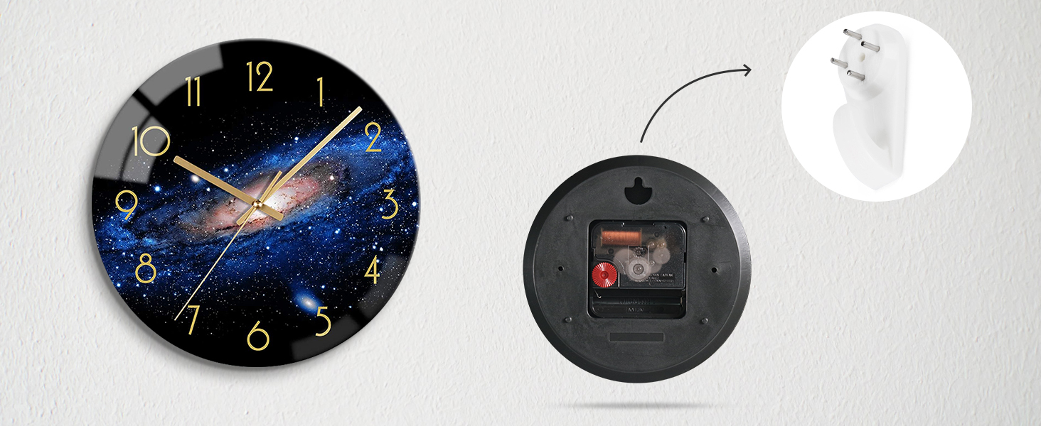 VIKMARI Glass Wall Clock Silent-Non Ticking Wand Clocks - Quality Quartz Battery-Operated Round 12 Inch (Night Sky Pattern)