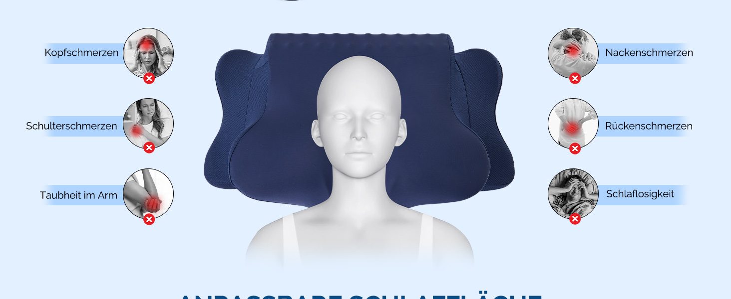 Подушка для шиї FAIORD, подушка з піною з пам'яті, ергономічна подушка для шиї, подушка для сну на боці, на спині та на животі (Темно-синій, 64 x 39 x 13 см)