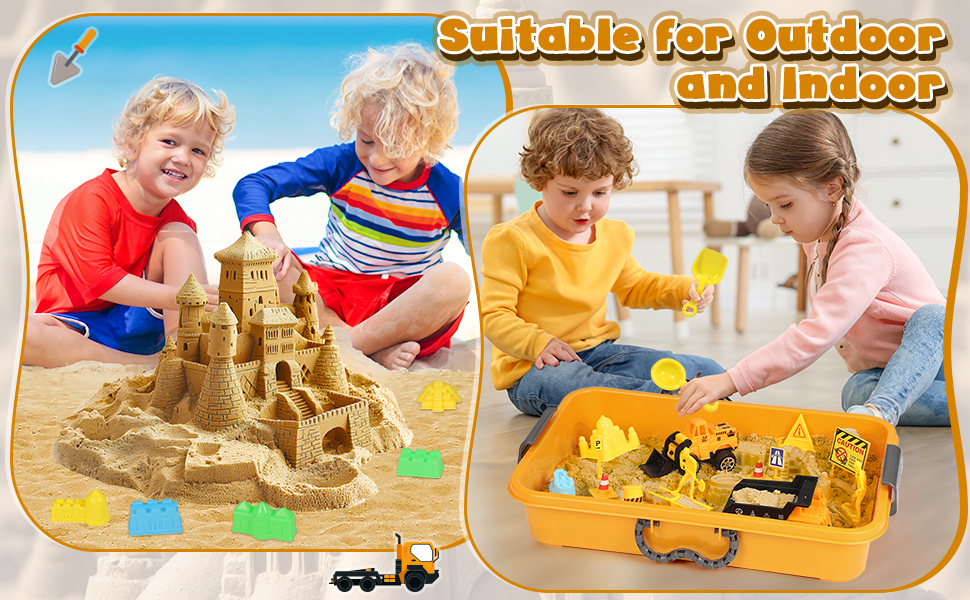 Subtail Magic Sand for Kids - 6 Construction Vehicles | 16 Castle Shapes | 18 Traffic Signs - Kinetic Sand Play Sand, Foldable Sandbox - Gifts for Boys and Girls Ages 3, 4, 5