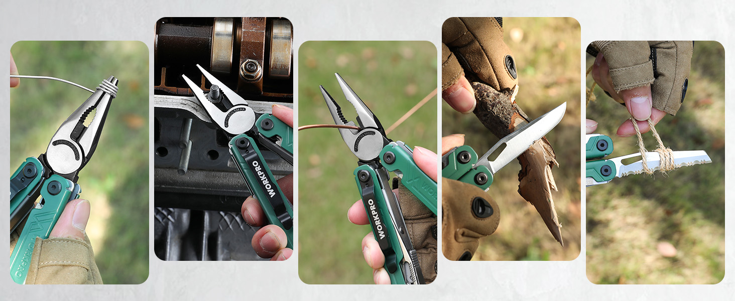 Мультитул WORKPRO 18 в 1: мультиінструмент з нержавіючої сталі з ножем, відкривачкою, ножицями, кліпсою для ременя. Ідеально для кемпінгу, ремонту, подарунок. У комплекті сумка.