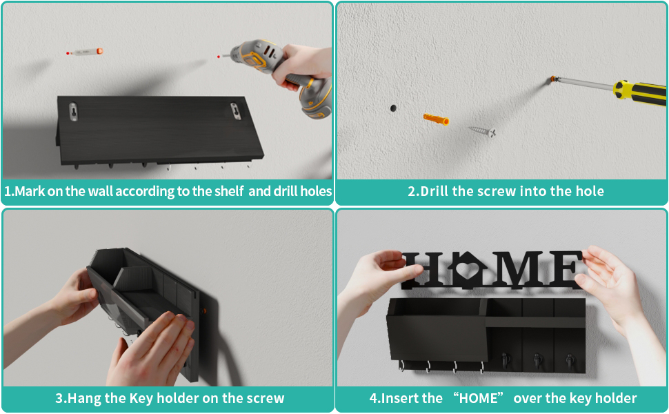 Держатель для ключів HapiRm з декором HOME, дерев'яне ключникове дошка з 7 гачками, з полицею. Підходить для входу, дверей, коридору, спальні, офісу (чорний)