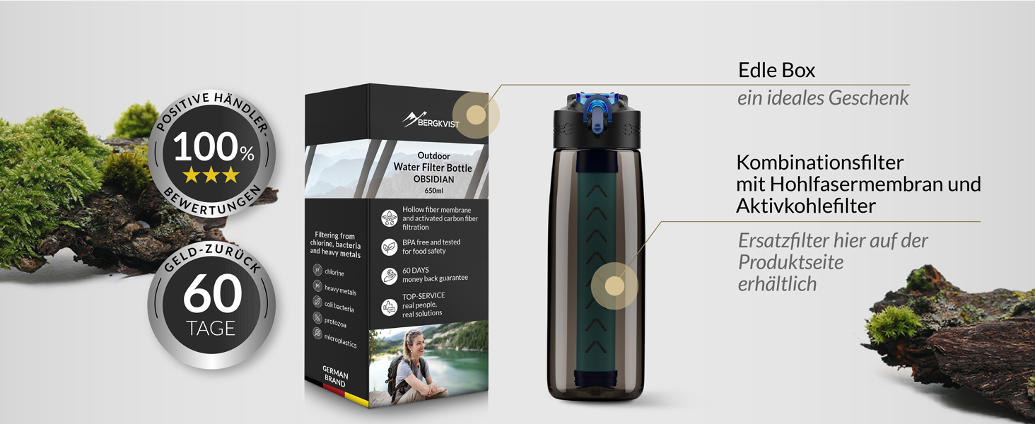 BERGKVIST® Outdoor Water Filter Bottle OBSIDIAN (650ml) with Compass - Filter Water Bottle for Clean Drinking Water - Water Purification for Camping, Prepper & Survival Gear (Black)
