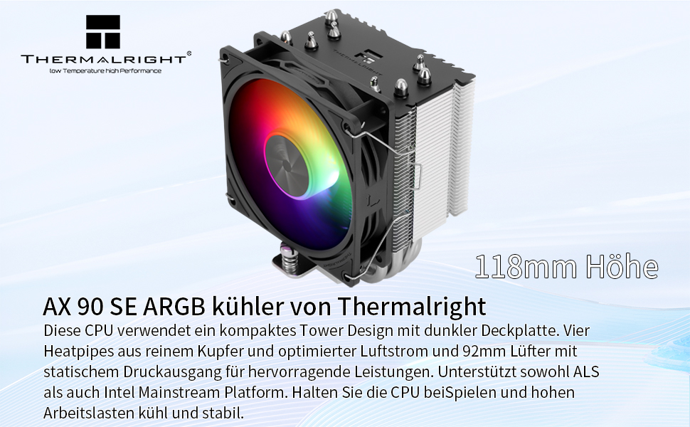 Thermalright Assassin X 90 SE ARGB: Кулер для CPU з 4 тепловими трубками, 92 мм вентилятор, технологія AGHP 4th, сумісний з AMD AM4/AM5/Intel 1700/1150/1151/1200