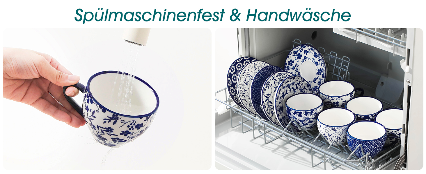 Набір кавових чашок капучіно Vancasso Selene 6 шт., 240 мл, блакитно-білий вінтажний дизайн, високоякісне фарфорове покриття, придатні для миття в посудомийній машині та використання в мікрохвильовій печі