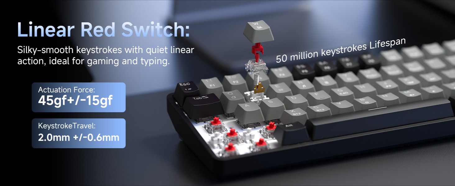 Dierya DK68 - Бездротова ігрова клавіатура: 68 клавіш, RGB, механічна, Linear Red Switch, QWERTY, чорно-сіра