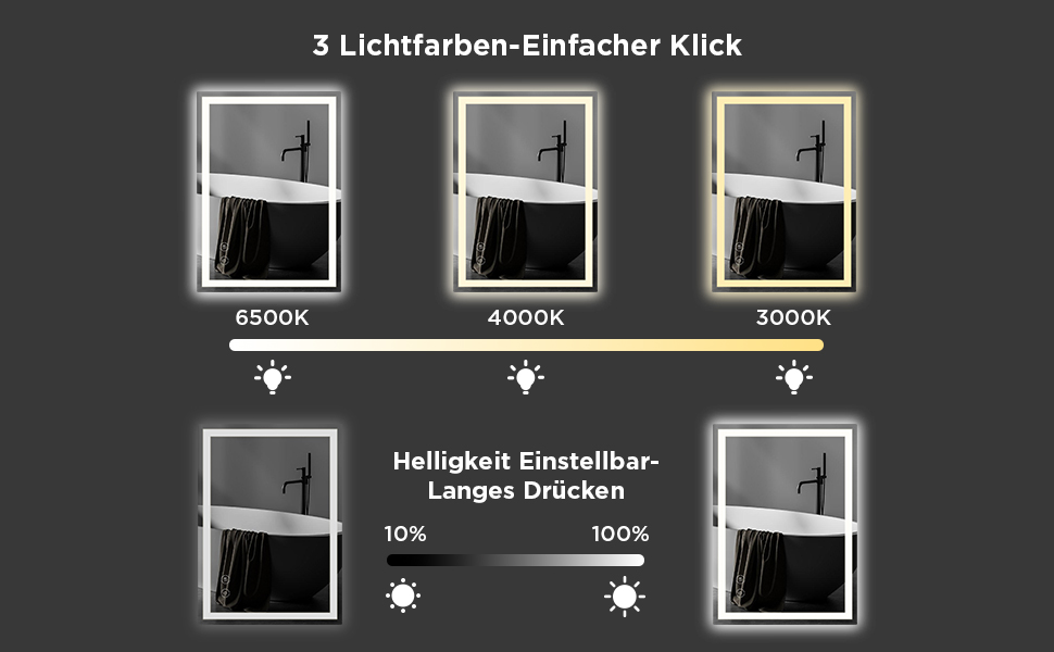 Дзеркало для ванної кімнати з підсвічуванням 50x70 см, сенсорне керування, протитуманне покриття, 3 кольори світла, регулювання яскравості, пам'ять налаштувань, матове, прямокутне