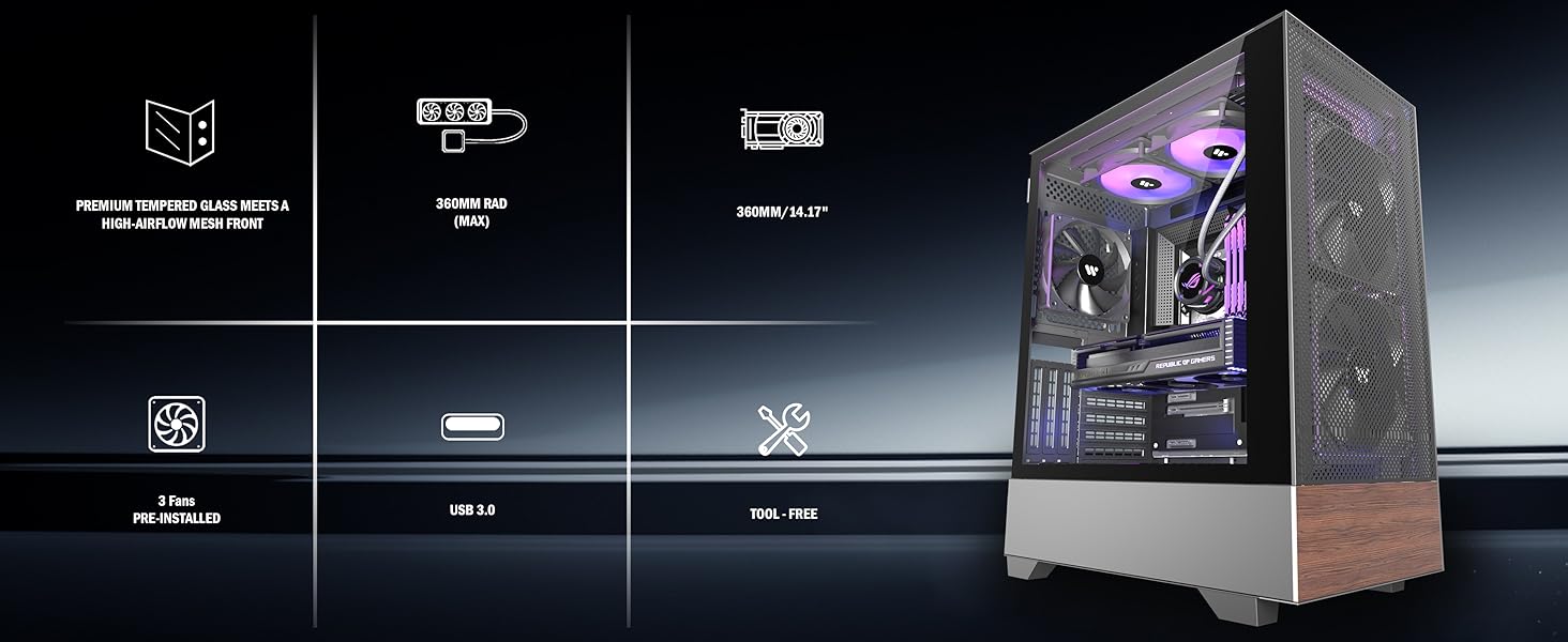 Корпус ПК KEDIERS ATX Tower для ігрового комп'ютера з загартованим склом (чорний, 3 вентилятори без LED)