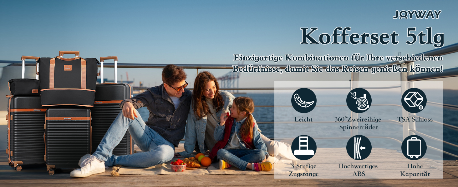 Набір валіз Joyway 5шт з ABS пластику, розширюваний, з TSA-замком. Чорний колір. Включає: валізу-троль, сумку-рюкзак та косметичку.
