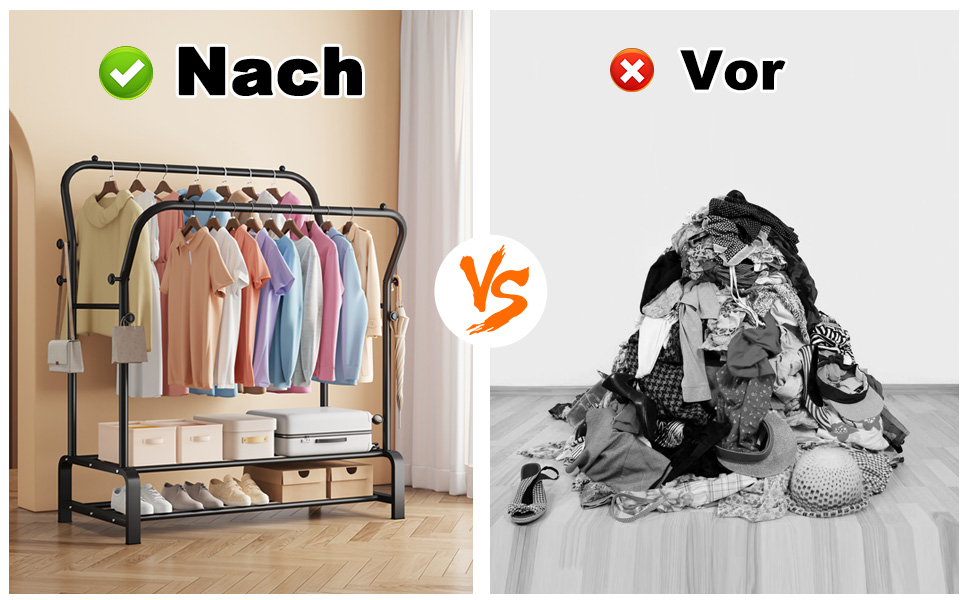 Вішалка для одягу металева подвійна Stabil з 8 гачками та 2 полицями для взуття, чорна – функціональна стійка для спальні