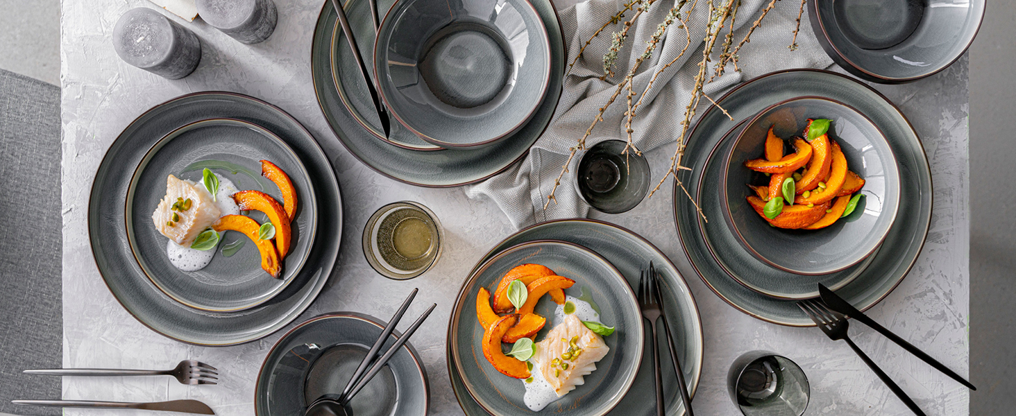 Набір посуду SÄNGER Helsinki 12 предметів: тарілки для їжі, сніданку та супу (4 особи), чорний з сірим акцентом, преміум-якість