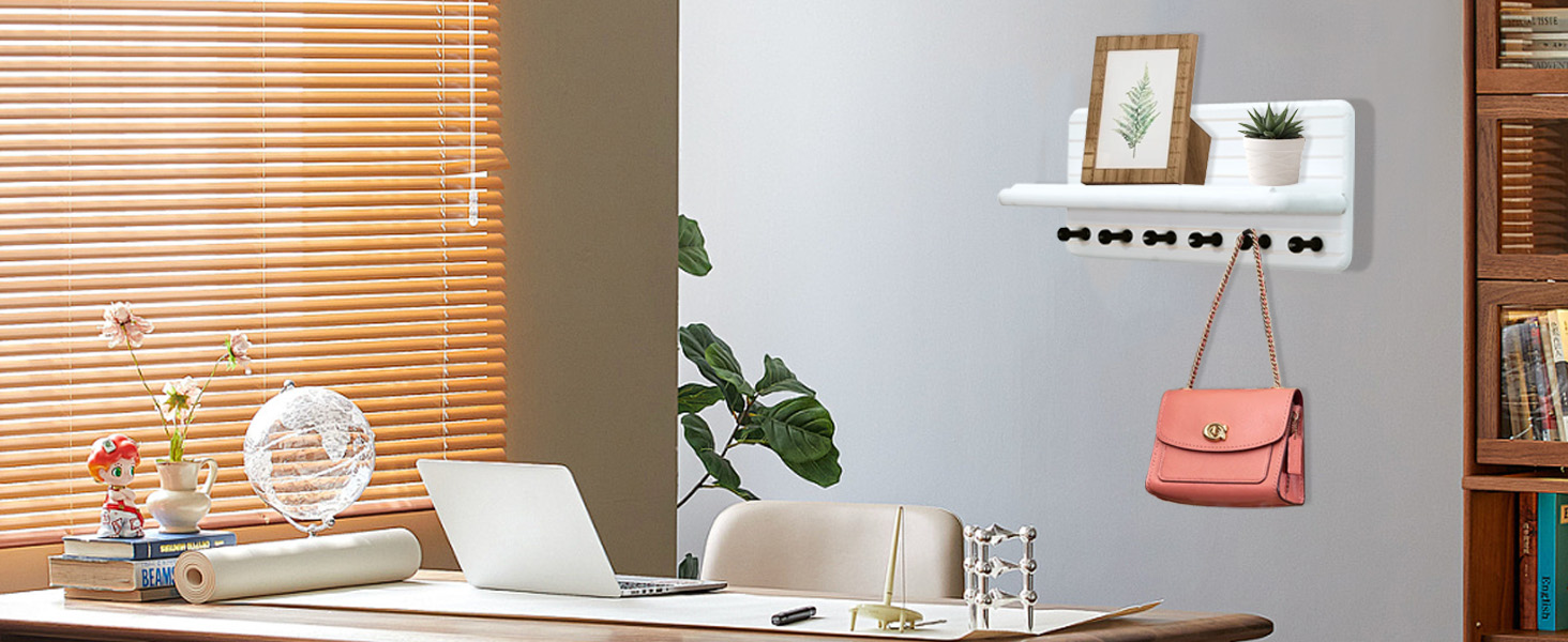 Дерев'яне ключниця з полицею та 6 гачками, ключниця на стіну для прихожого, коридору, кухні (білий)