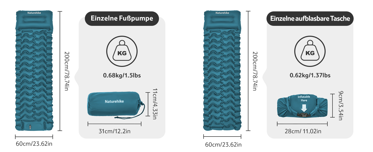 Килимок для кемпінгу Naturehike, ультралегкий надувний, з інтегрованим насосом, для велосипедних походів та наметів, синій, одинарний