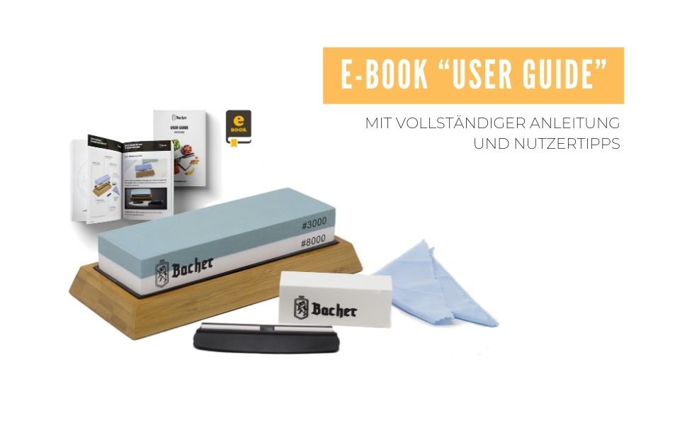 Преміум точильний камінь Bacher. Двосторонній, зернистість 400/1000. Точильний камінь для ножів з антиковзним бамбуковим блоком, для заточування ножів, з інструкцією. Зернистість 400/1000 (3000/8000)