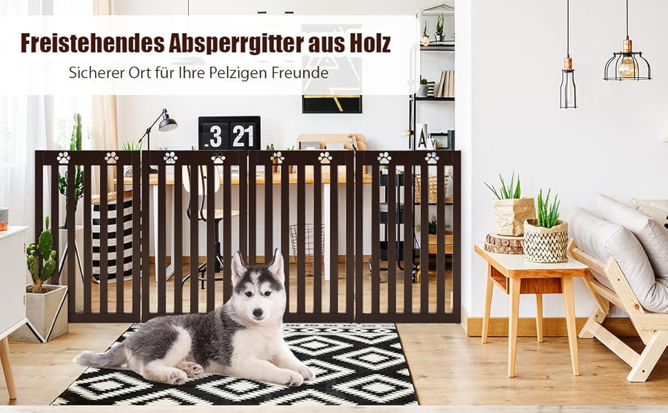 Захисний бар'єр для собак Costway 89 см, дерев'яне огорожа, дитяче ворота, розкладне, для захисту сходів, гнучкий бар'єр (3 панелі, білий)