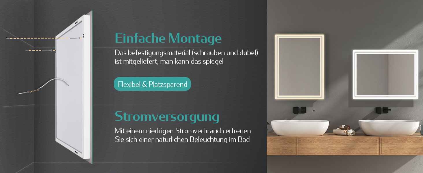 Дзеркало для ванної кімнати EMKE з підсвічуванням 40x60 см LED, антизапар, холодний/теплий білий, з кнопкою, алюмінієва рама, IP44, енергозберігаюче