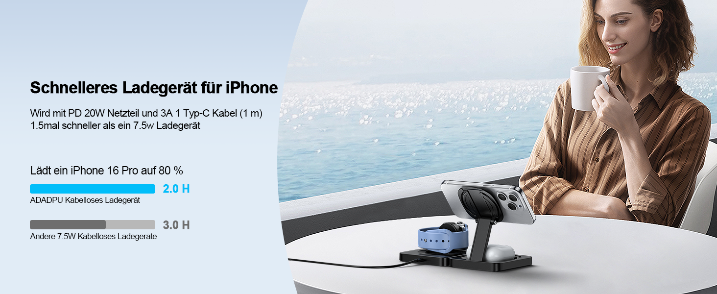 Бездротова зарядна станція 3 в 1 ADADPU MagSafe для iPhone 17/16/15/14/13/12, чорна