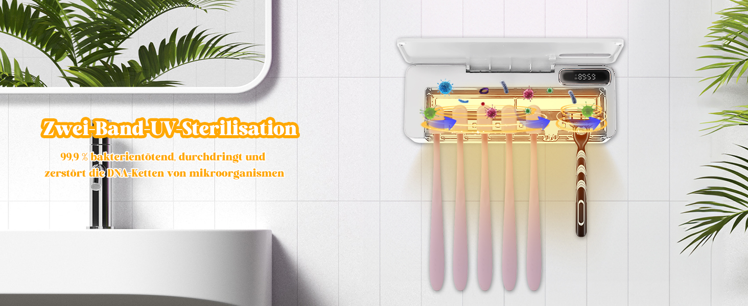 Утримувач для зубних щіток настінний з УФ дезінфекцією, електричний для зубних щіток, USB зарядний, 2000mAh, 3 режими, для дому, ванної кімнати, душу (білий)