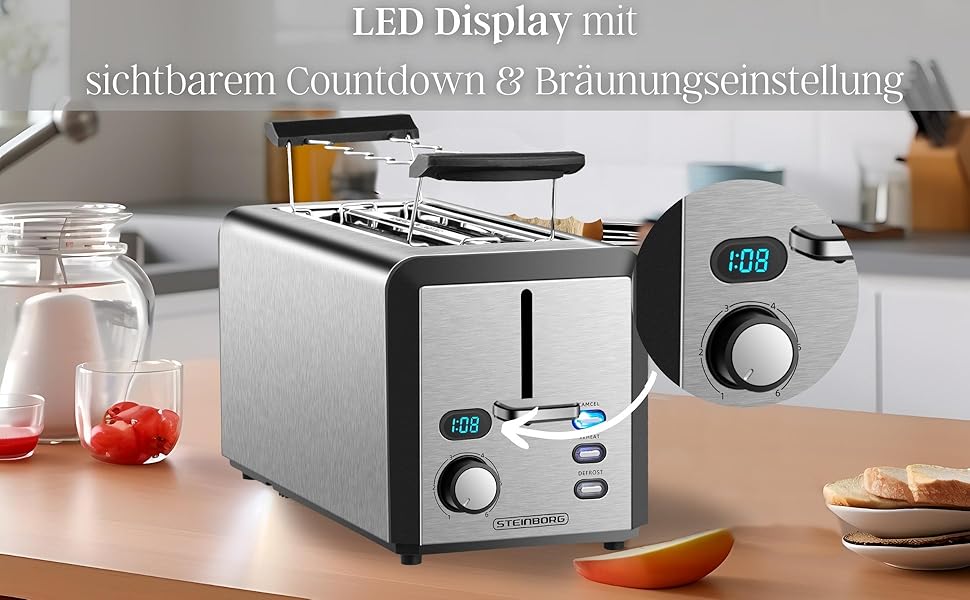 Тостер Langschlitz з 4-ма слотами | XXL, 1500 Вт, регулятор 6-ти рівнів підсмажування, підставка для бургерів, функція розморожування, крихтозбірник, нержавіюча сталь, LED дисплей