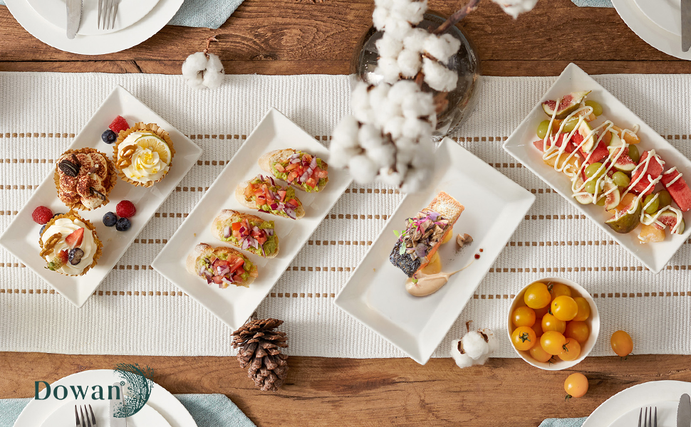 DOWAN Porcelain Serving Platter, 24.6 x 13.7 cm Rectangular Serving Platters 4 Pack, Large White Dessert Plates for Buffets, Sushi, Cakes, Appetizers at Home/in Restaurant