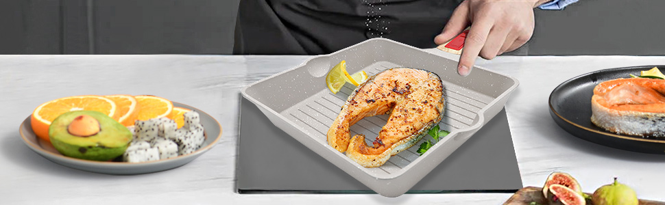 Сковорідка гриль 24x24 см з знімною ручкою, алюмінієва антипригарна сковорода для стейків, підходить для посудомийної машини та духовки (біла) 24 см