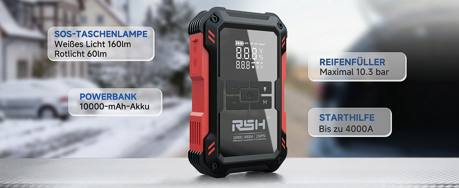 Пауербанк для прикурювання RSH 12V 4000A з компресором 150 PSI, пусковий пристрій для бензину до 9.0л та дизеля до 6.5л, 4-в-1 для автомобіля: прикурювання, помпа, Power Bank 10000 mAh, LED ліхтар, чорний