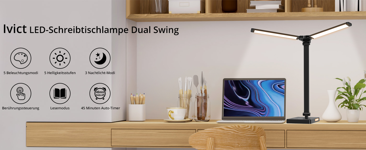 iVict LED лампа для столу з регульованими Swing Arms, 5 режимів, сенсорне керування, таймер, USB-порт, пам'ять, для дітей, білий колір