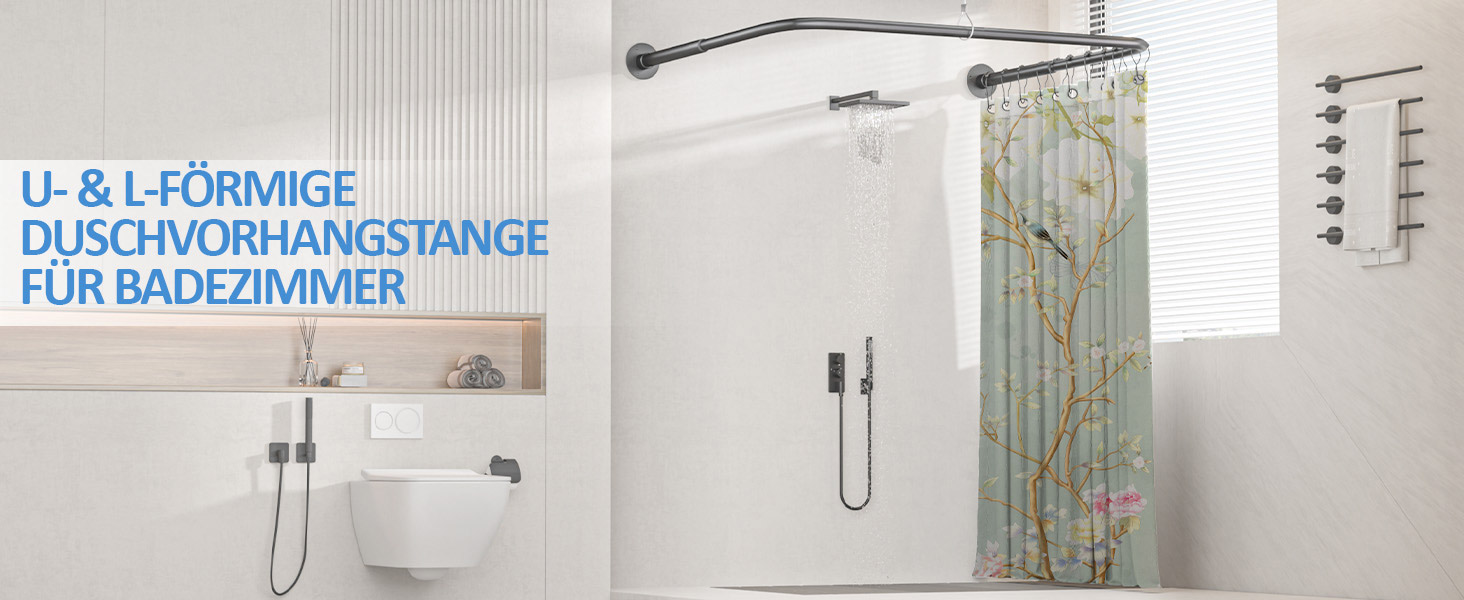 Регульована душова штанга U-подібної/L-подібної форми, 60-92 x 78-196 x 60-92 см, з 12 кільцями для шторки та підпоркою для стелі, чорна. Підходить для ванни/ванної кімнати. Потрібне свердловий монтаж.