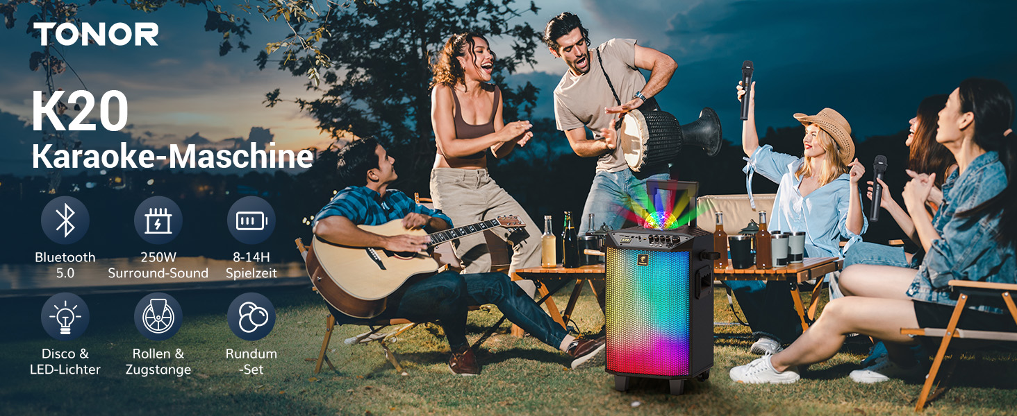 Караоке система TONOR K20 з 2 мікрофонами, Bluetooth, світлодіодна куля, для дому та відпочинку
