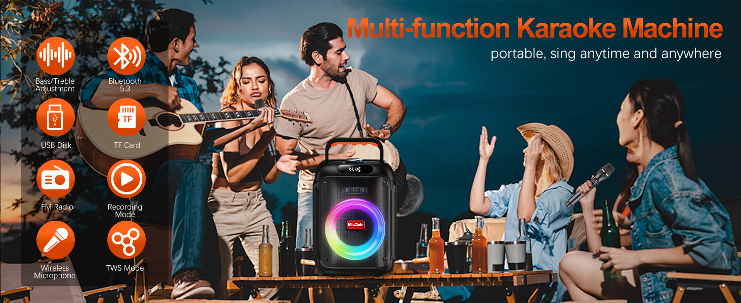 Караоке-машина з 2 мікрофонами Bluetooth для дітей та дорослих, чорна. Динамік з регулюванням басів/високих, USB, AUX, запис, LED-підсвітка, пульт.